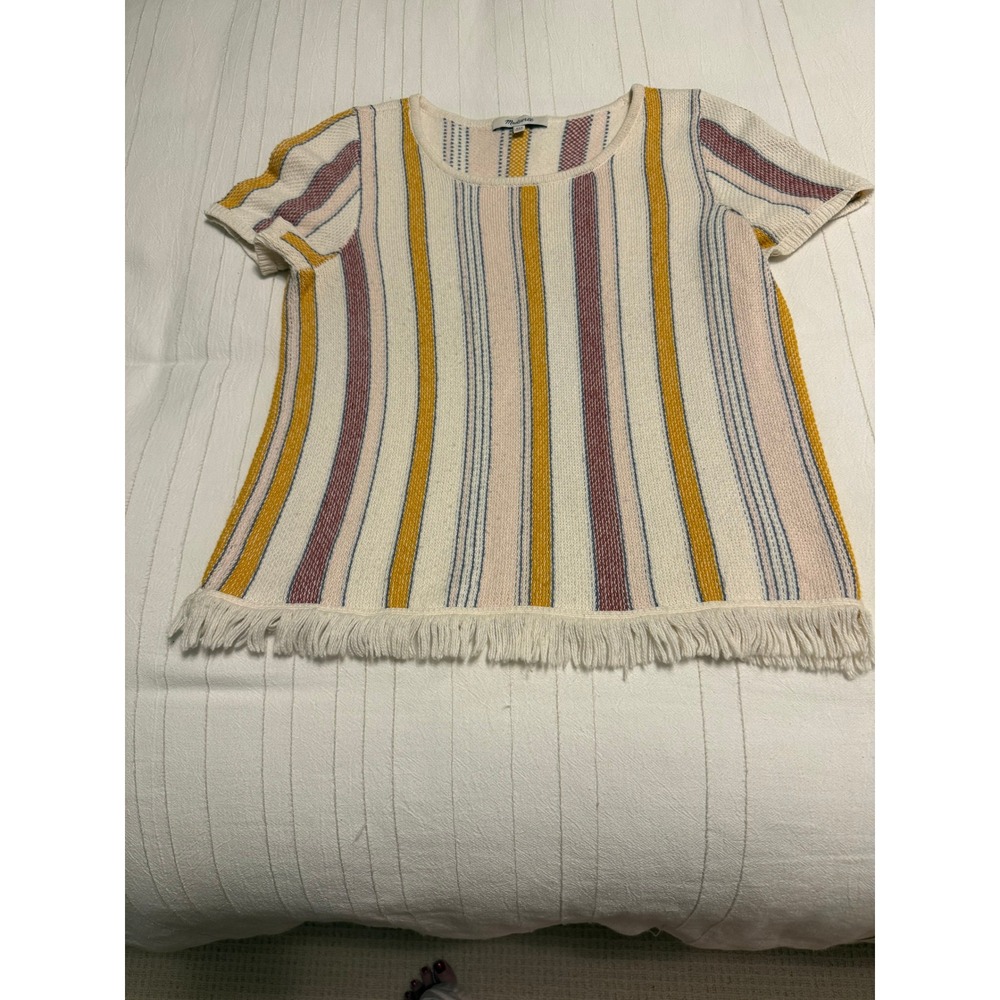 Madewell Striped Fringe Hem Sweater Tee Short Sleeve Cream Mustard Women's XXS